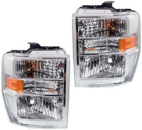 Front Bumper Chrome Steel + Head Light Assembly Left Driver & Right Passenger Side Direct Replacement Compatible With 2008-2019 Ford Econoline Van