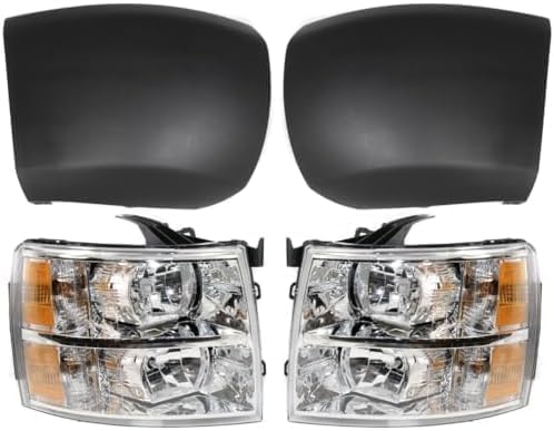 Front Bumper End Cap Textured Without Fog Light Holes + Headlight Assembly Left & Right Side Direct Replacement Compatible With 2007-2013 Chevrolet Silverado 1500 GM1004146 GM1005146