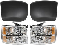Front Bumper End Cap Textured Without Fog Light Holes + Headlight Assembly Left & Right Side Direct Replacement Compatible With 2007-2013 Chevrolet Silverado 1500 GM1004146 GM1005146