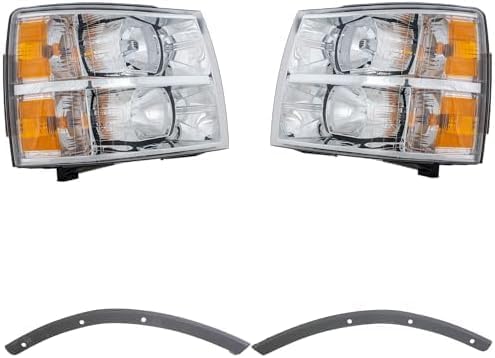 Front Bumper Outer Filler Primed Plastic + Headlight Assembly Left Driver & Right Passenger Side Direct Replacement Compatible With 2007-2013 Chevrolet Silverado 1500 GM2502280