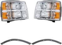 Front Bumper Outer Filler Primed Plastic + Headlight Assembly Left Driver & Right Passenger Side Direct Replacement Compatible With 2007-2013 Chevrolet Silverado 1500 GM2502280