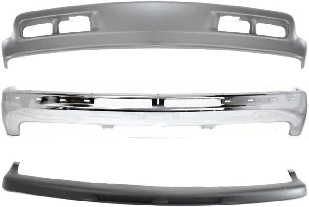 Front Bumper Chrome Steel + Upper Cover + Lower Valance + Brackets Set Left & Right Side Direct Replacement Compatible With Chevrolet Silverado 1500 1999-2002 / Tahoe 2000-2006