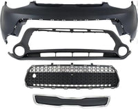 Front Bumper Upper & Lower Cover + Set Of 2 Grille Direct Replacement Compatible With 2014-2016 Kia Soul KI1014100 KI1015104 KI1036119 KI1200158 86511B2000 86512B2000 86561B2000