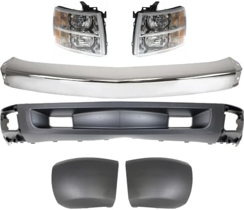 Front Bumper Impact Bar Steel + Lower Valance Air Deflector Primed + Headlight + End Caps Left & Right Side Direct Replacement Compatible With 2007-2013 Chevrolet Silverado 1500