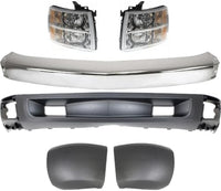 Front Bumper Impact Bar Steel + Lower Valance Air Deflector Primed + Headlight + End Caps Left & Right Side Direct Replacement Compatible With 2007-2013 Chevrolet Silverado 1500