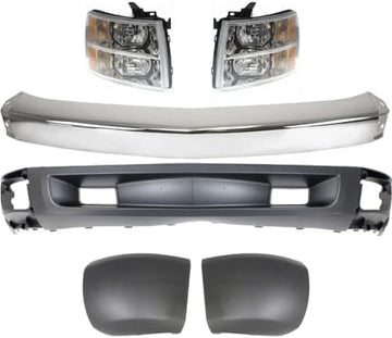 Front Bumper Impact Bar Steel + Lower Valance Air Deflector Primed + Headlight + End Caps Left & Right Side Direct Replacement Compatible With 2007-2013 Chevrolet Silverado 1500