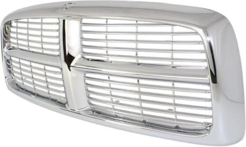 Front Grille Chrome Shell And Horizontal Bar Insert Plastic Direct Replacement Compatible With 2002-2005 Dodge Full Size Pickup D070120