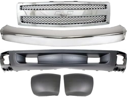 Front Bumper Impact Bar Steel + Grille + Lower Valance Air Deflector Textured + End Caps Left & Right Side Direct Replacement Compatible With 2007-2013 Chevrolet Silverado 1500