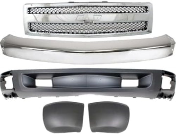 Front Bumper Impact Bar Steel + Grille + Lower Valance Air Deflector Textured + End Caps Left & Right Side Direct Replacement Compatible With 2007-2013 Chevrolet Silverado 1500