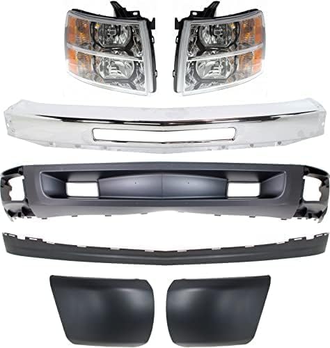 Front Bumper Impact Bar Steel + Lower Valance Air Deflector + Extension + End Caps + Headlights Left & Right Side Direct Replacement Compatible With 2007-2013 Chevrolet Silverado 1500