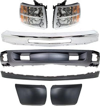 Front Bumper Impact Bar Steel + Lower Valance Air Deflector + Extension + End Caps + Headlights Left & Right Side Direct Replacement Compatible With 2007-2013 Chevrolet Silverado 1500