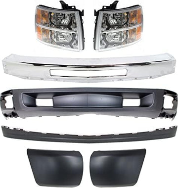 Front Bumper Impact Bar Steel + Lower Valance Air Deflector + Extension + End Caps + Headlights Left & Right Side Direct Replacement Compatible With 2007-2013 Chevrolet Silverado 1500