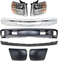 Front Bumper Impact Bar Steel + Lower Valance Air Deflector + Extension + End Caps + Headlights Left & Right Side Direct Replacement Compatible With 2007-2013 Chevrolet Silverado 1500