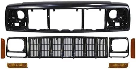 Front Header Panel + Grille + Headlight Doors + Park And Corner Lights Right Passenger & Left Driver Side Direct Replacement Compatible With 1997-2001 Jeep Cherokee CH1220115