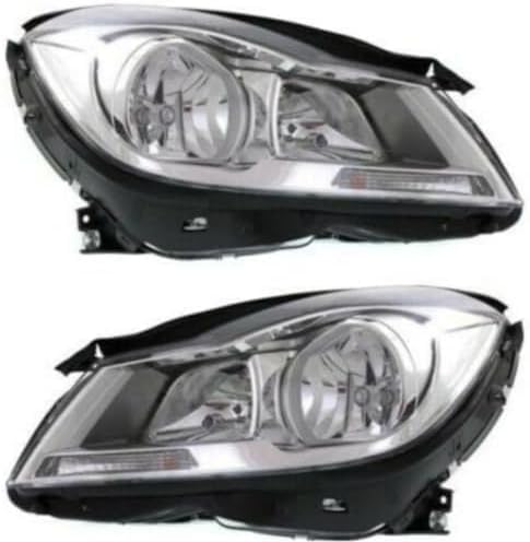 Set Of 2 Front Head Light Assembly Chrome Interior With Corner Lamp Plastic Left Driver & Right Passenger Side Direct Replacement Compatible With 2012-2014 Mercedes Benz C-Class