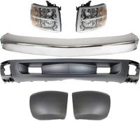 Front Bumper Impact Bar Steel + Lower Valance Air Deflector Primed + Headlight + End Caps Left & Right Side Direct Replacement Compatible With 2007-2013 Chevrolet Silverado 1500