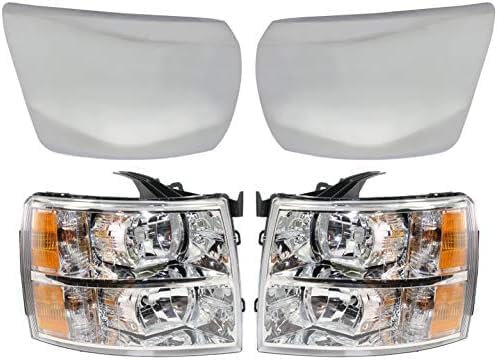 Front Bumper End Cap Chrome Without Fog Light Hole + Headlight Assembly Left Driver & Right Passenger Side Direct Replacement Compatible With 2007-2013 Chevrolet Silverado 1500