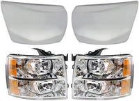Front Bumper End Cap Chrome Without Fog Light Hole + Headlight Assembly Left Driver & Right Passenger Side Direct Replacement Compatible With 2007-2013 Chevrolet Silverado 1500