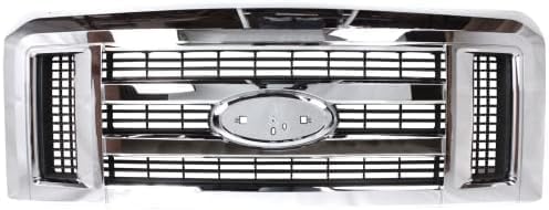 Front Bumper + Grille Chrome Shell & Insert + Lower Valance Textured + Head Lights Left Driver And Right Passenger Side Direct Replacement Compatible With 2008-2019 Ford Econoline Van