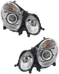 Set Of 2 Front Head Light Assembly Plastic Left Driver & Right Passenger Side Direct Replacement Compatible With 2007-2009 Mercedes Benz E-Class MB2500100 MB2501100