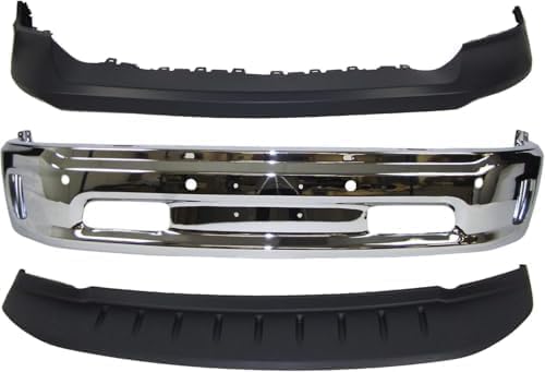 Front Bumper Chrome Steel + Upper Cover Primed + Lower Valance Air Dam Textured + Fog Lamps Left Driver & Right Passenger Side Direct Replacement Compatible With 2014-2022 Ram 1500