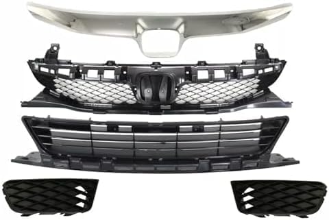 Front Bumper Upper & Lower Grille Assembly + Molding Chrome + Fog Lights Cover Left Driver & Right Passenger Side Direct Replacement Compatible With 2009-2011 Honda Civic HO1200198