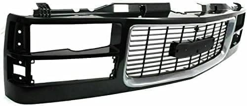 Front Grille Primed Shell And Cross Bar Insert With Chrome Opening Molding Direct Replacement Compatible With 1994-2000 GMC C/K-Series / 1994-1999 Suburban GM1200392 12388709