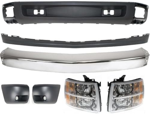 Front Bumper Impact Bar Steel + Lower Valance Air Deflector + Extension + End Caps + Headlights Left & Right Side Direct Replacement Compatible With 2007-2013 Chevrolet Silverado 1500