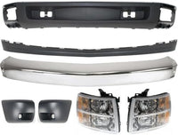Front Bumper Impact Bar Steel + Lower Valance Air Deflector + Extension + End Caps + Headlights Left & Right Side Direct Replacement Compatible With 2007-2013 Chevrolet Silverado 1500