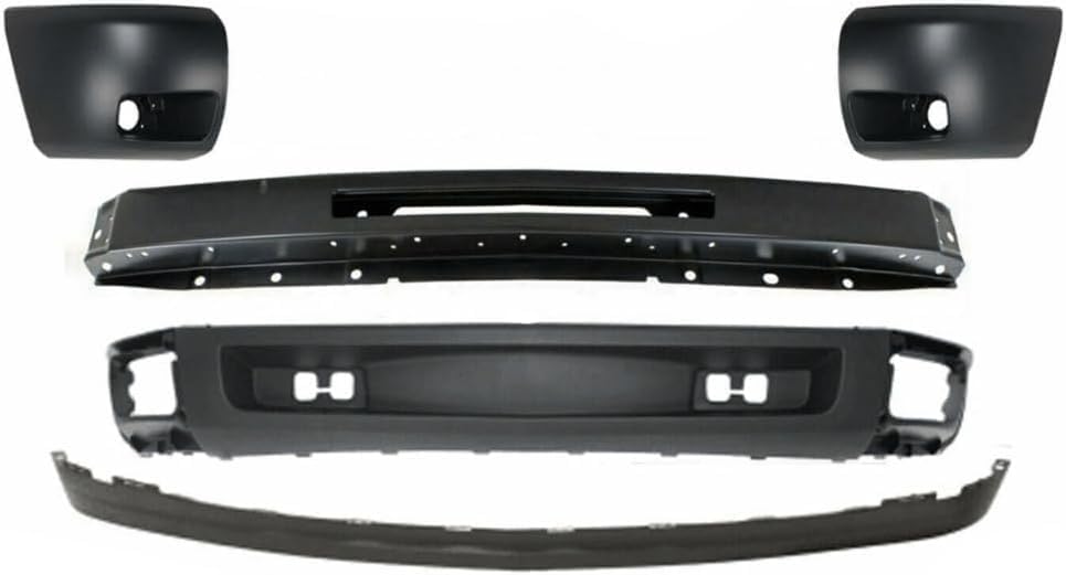 Front Bumper Primed Steel + Lower Valance Air Deflector + Extension Textured + End Caps Left & Right Side Direct Replacement Compatible With Chevrolet Silverado 1500 2007-2013