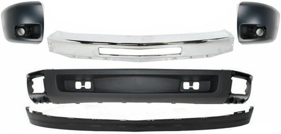 Front Bumper Chrome Steel + Lower Valance Air Deflector + Extension Textured + End Caps Primed RH & LH Direct Replacement Compatible With Chevrolet Silverado 1500 2007-2013 GM1092191