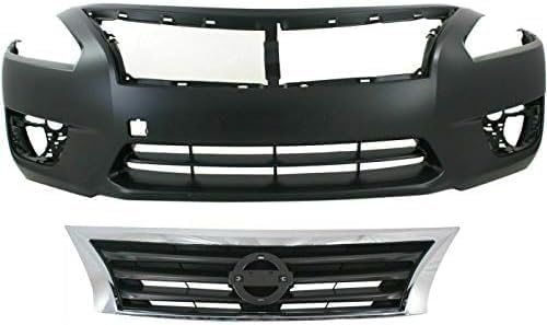 Front Bumper Cover Primed + Grille Chrome Shell & Black Insert Direct Replacement Compatible With 2013-2015 Nissan Altima NI1200250 NI1000285 623103TA0A 620223TA0H