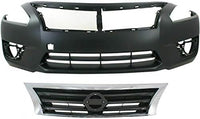 Front Bumper Cover Primed + Grille Chrome Shell & Black Insert Direct Replacement Compatible With 2013-2015 Nissan Altima NI1200250 NI1000285 623103TA0A 620223TA0H