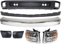 Front Bumper Impact Bar Steel + Lower Valance Air Deflector + Extension + End Caps + Headlights Left & Right Side Direct Replacement Compatible With 2007-2013 Chevrolet Silverado 1500