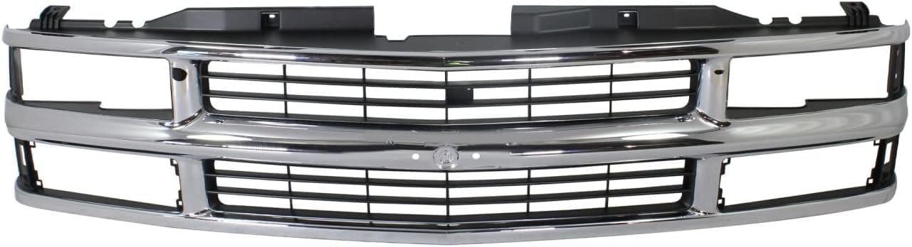 Front Grill Chrome Shell And Insert + Headlights + Signal Lamps Left Driver & Right Passenger Side Direct Replacement Compatible With 1994-2000 Chevrolet C/K Series GM1200238