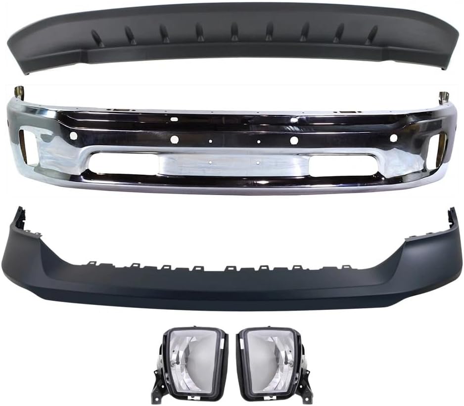 Front Bumper Chrome Steel + Upper Cover Primed + Lower Valance Air Dam Textured + Fog Lamps Left Driver & Right Passenger Side Direct Replacement Compatible With 2014-2022 Ram 1500