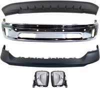 Front Bumper Chrome Steel + Upper Cover Primed + Lower Valance Air Dam Textured + Fog Lamps Left Driver & Right Passenger Side Direct Replacement Compatible With 2014-2022 Ram 1500