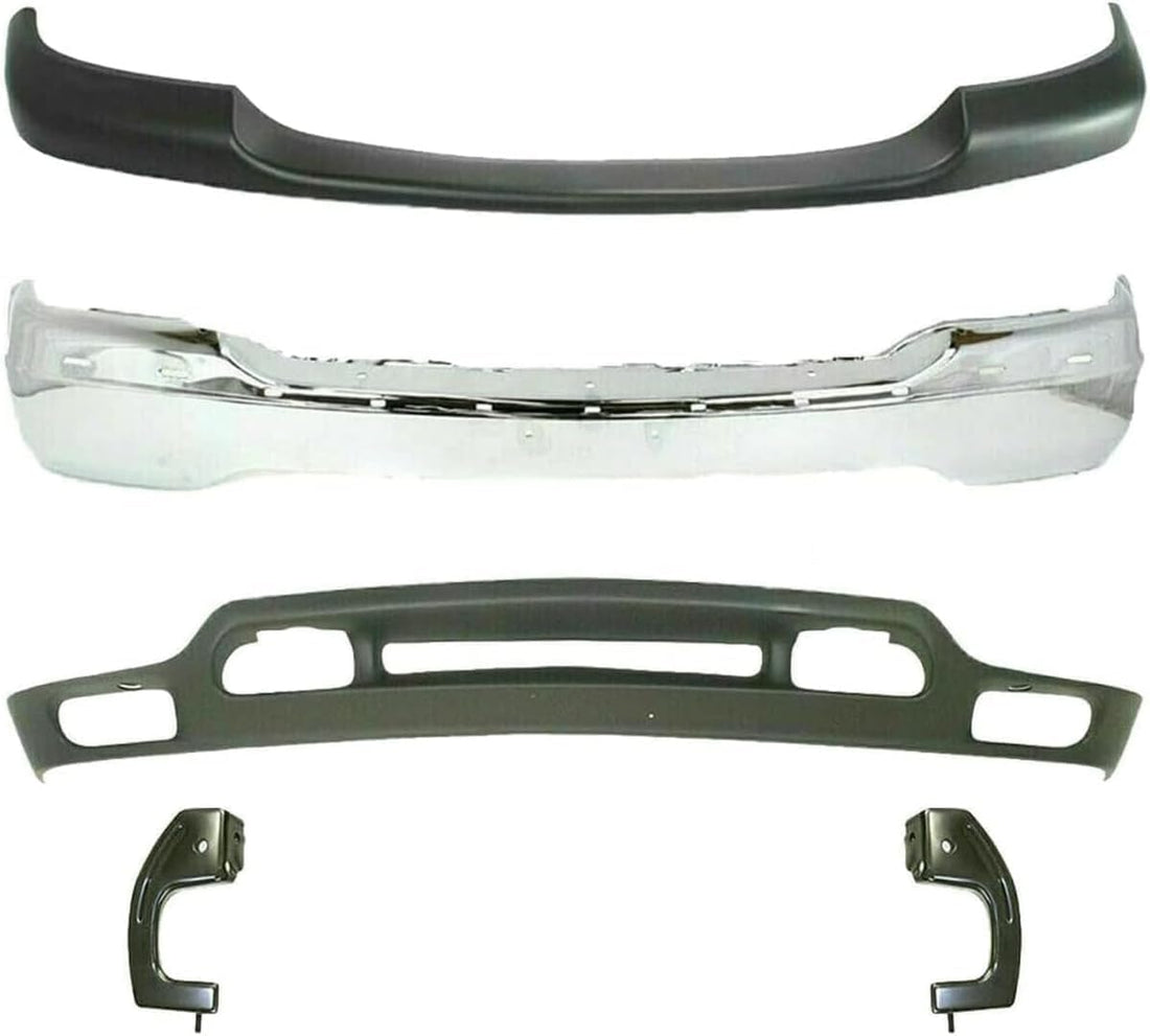 AUTOS PARTS PLUS Front Bumper Chrome Steel With Brackets + Upper Cover Primed + Valance Textured Direct Replacement Compatible With 1999-2002 GMC Sierra/ 2000-2006 Yukon 1500 2500 GM1051104