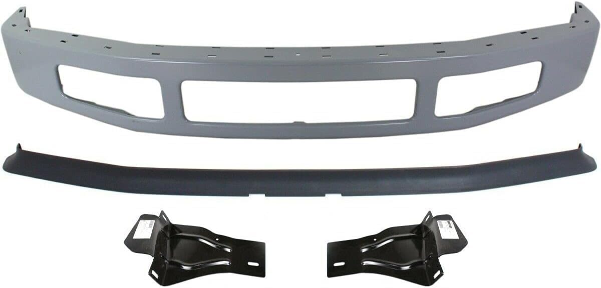 Front Bumper Primed Steel + Upper Molding + Lower Valance Spoiler Textured + Mounting Bracket Left & Right Side Direct Replacement Compatible With 2008-10 Ford F-250 F-350 Super Duty