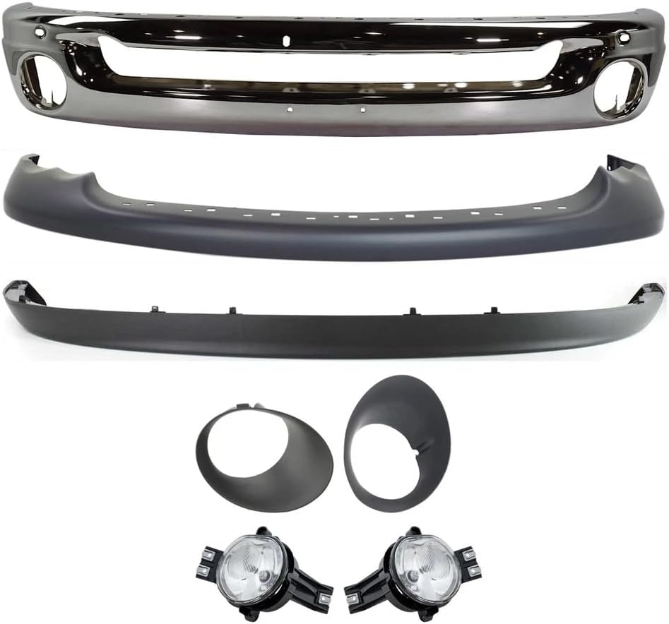 Front Bumper Steel + Upper Cover + Lower Valance Air Dam + Moldings + Fog Lamps Left & Right Side Direct Replacement Compatible With 2002-2005 Dodge Ram 1500/2003-2005 2500 3500