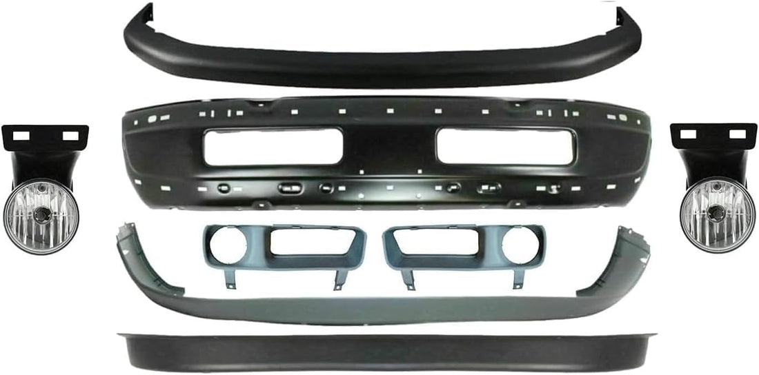 Front Bumper Primed Steel + Upper + Lower Cover + Valance + Fog Light + Bezel Cover Left & Right Side Direct Replacement Compatible with 1994-2001 Dodge Ram 1500/1994-02 Ram 2500 3500