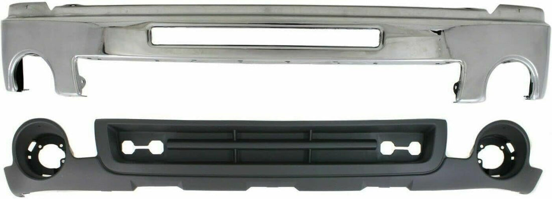 Front Front Bumper Chrome with Air Hole + Lower Valance Air Deflector Primed Direct Replacement Compatible With GMC Sierra 2500HD 3500HD 2007-2010 GM1092218 GM1002834