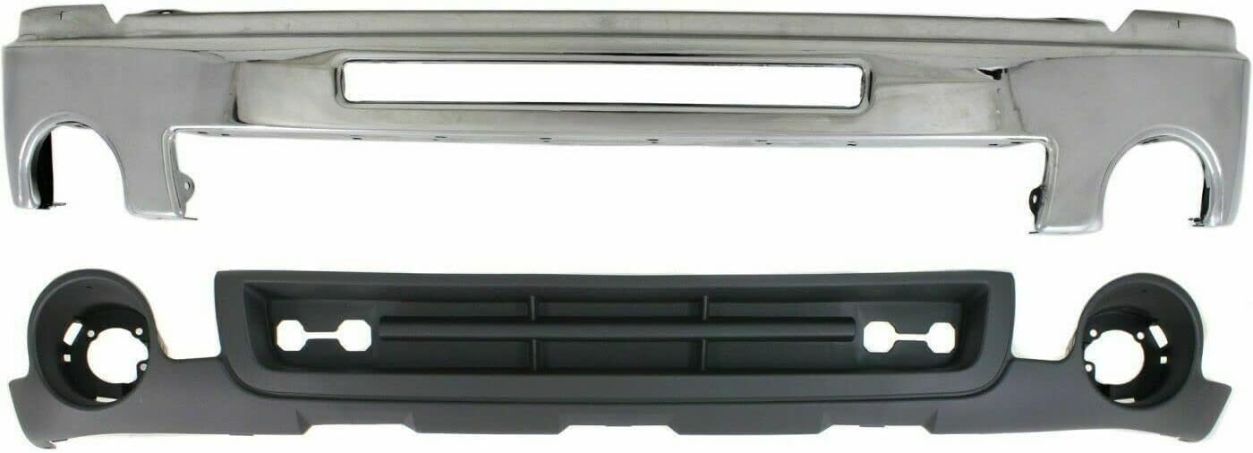 Front Front Bumper Chrome with Air Hole + Lower Valance Air Deflector Primed Direct Replacement Compatible With GMC Sierra 2500HD 3500HD 2007-2010 GM1092218 GM1002834
