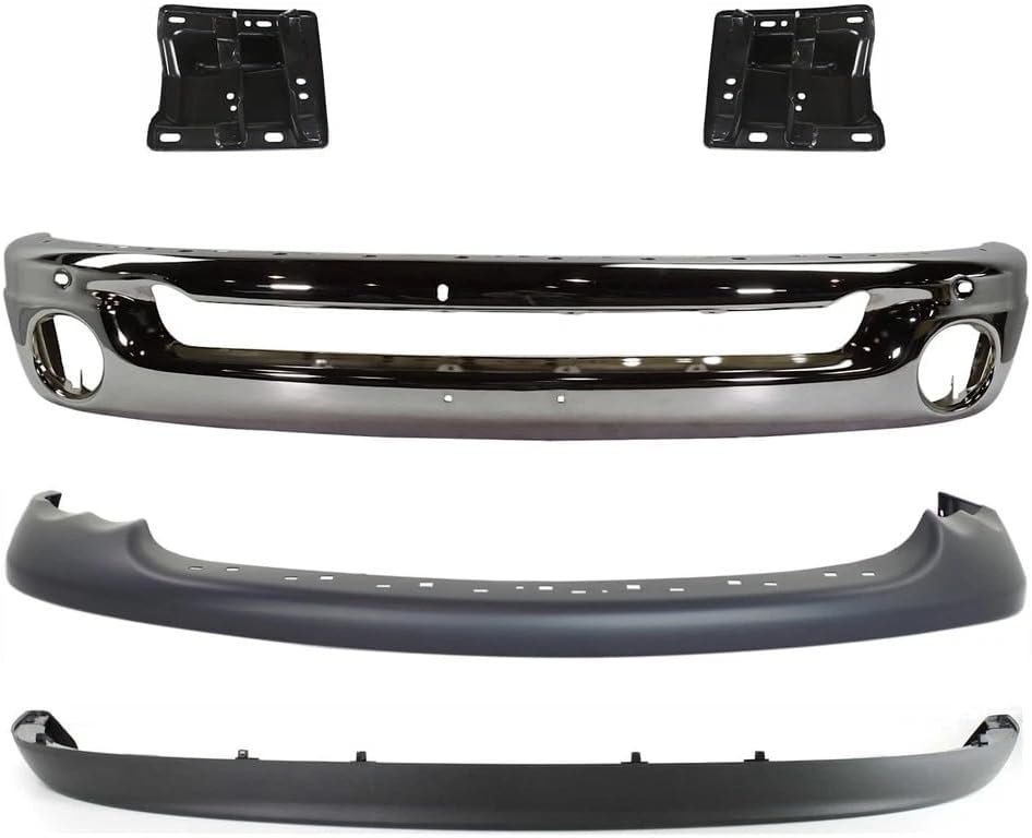 Front Bumper Chrome Steel + Upper Cover Primed + Lower Valance Air Dam Textured + Brackets Left & Right Side Direct Replacement Compatible With 2002-2005 Dodge Ram 1500 CH1002383