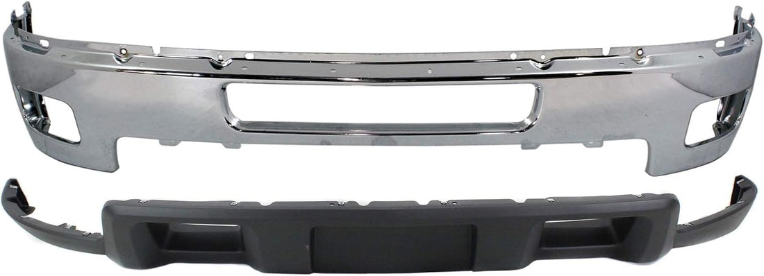 Front Bumper + Upper Cover Chrome + Lower Valance + Extension + Fog Lights + Inner & Outer + Impact Brackets Direct Replacement Compatible With 2011-2014 Silverado 2500HD 3500HD