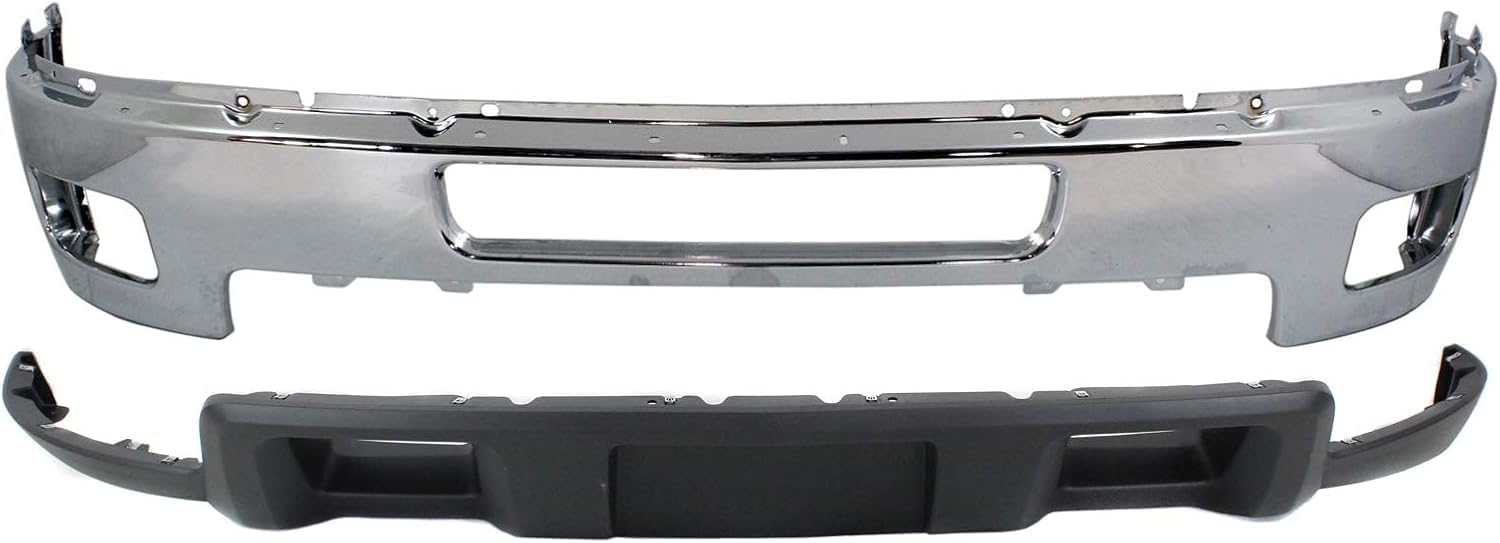 Front Bumper + Upper Cover Chrome + Lower Valance + Extension + Fog Lights + Inner & Outer + Impact Brackets Direct Replacement Compatible With 2011-2014 Silverado 2500HD 3500HD