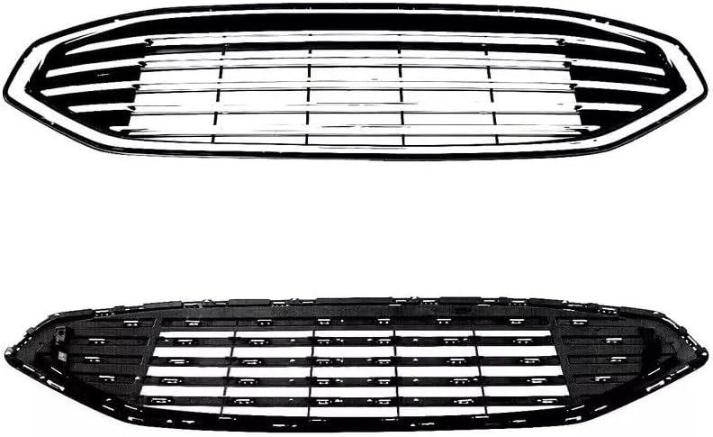 Front Bumper Cover Primed + Upper Grille Textured With Chrome Trim + Head Lights Left Driver And Right Passenger Side Direct Replacement Compatible With 2017-2018 Ford Fusion
