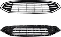 Front Bumper Cover Primed + Upper Grille Textured With Chrome Trim + Head Lights Left Driver And Right Passenger Side Direct Replacement Compatible With 2017-2018 Ford Fusion