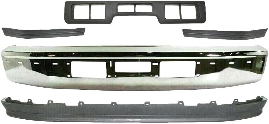 Front Bumper Chrome + Lower Valance Panel Textured + Moldings Primed Center + Left & Right Side Direct Replacement Compatible With Ford F-Series/Bronco 1992-1996 FO1002254