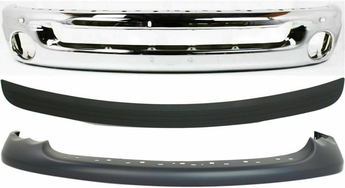 Front Bumper Face Bar Chrome + Upper Cover Primed + Molding Step Pad Direct Replacement Compatible With 2002-2005 Dodge Ram 1500 2500 3500 CH1002383 CH1000338 CH1019102 55077946AB